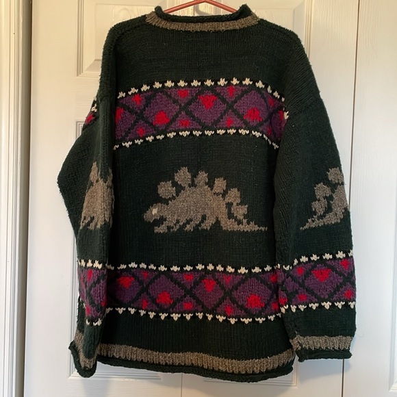 VTG Indian Weavings 100% wool sweater Crew neck  green Dragon diamond striped - Picture 8 of 12